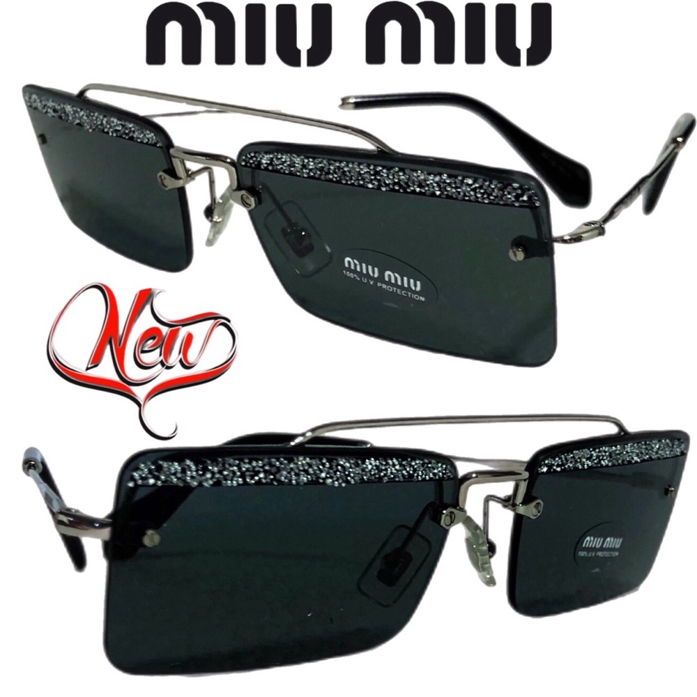 🆕 MIU MIU SOCIETY Black & sparkles Square rimless Sunglasses